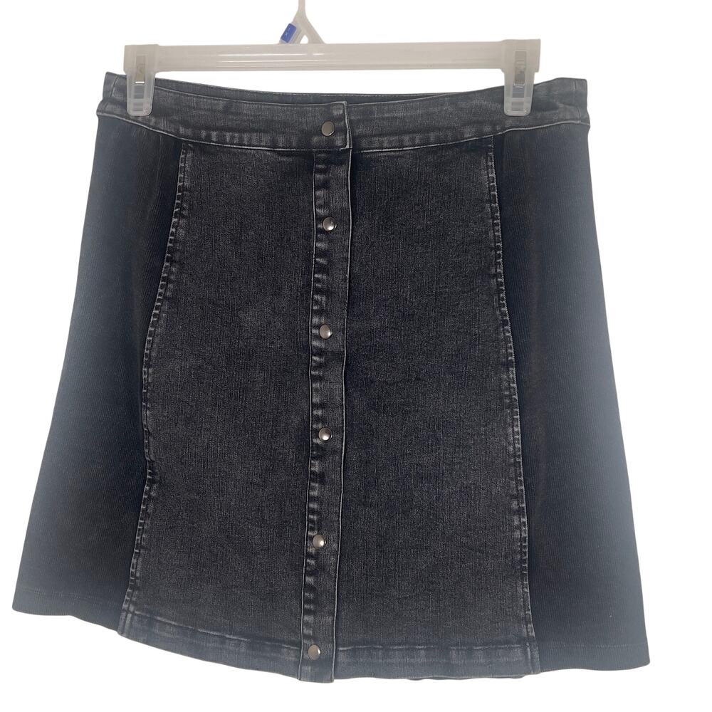 Doe & Rae Black Denim Cottom Knit Panel Metal Snap Closure Mini Skirt Size Large